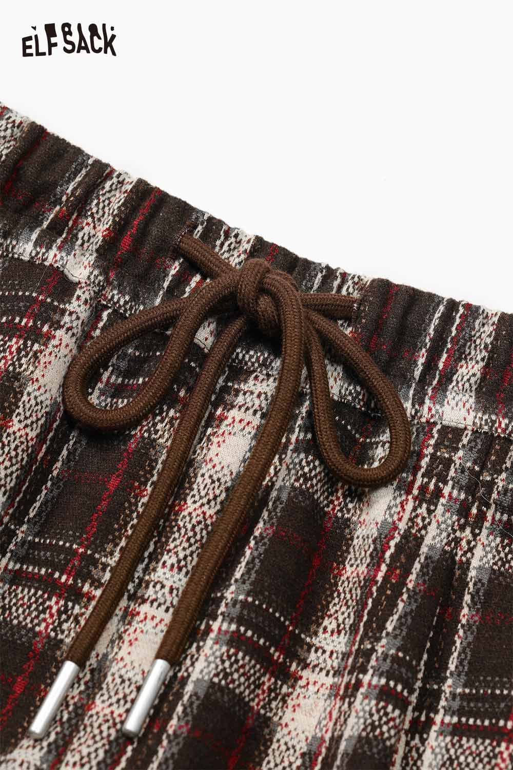 ELFSACK Breathable Lazy Style Vintage Plaid Straight Relaxed Pants