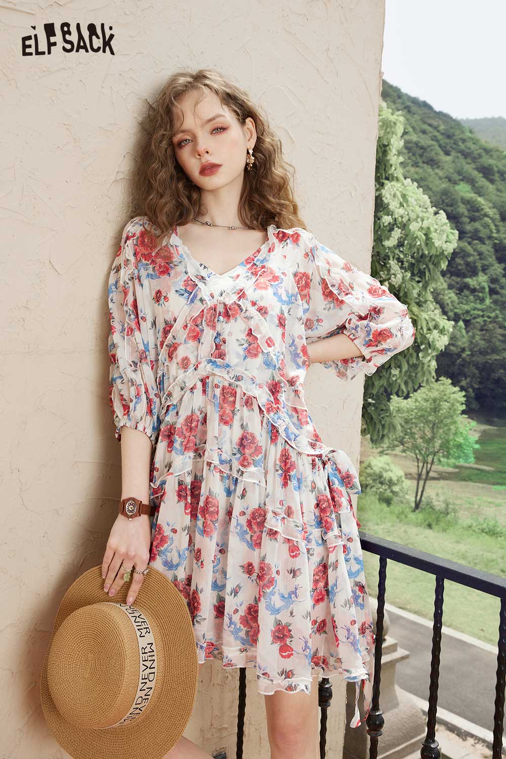 ELFSACK Breathable Loose Floral V Neck Dress