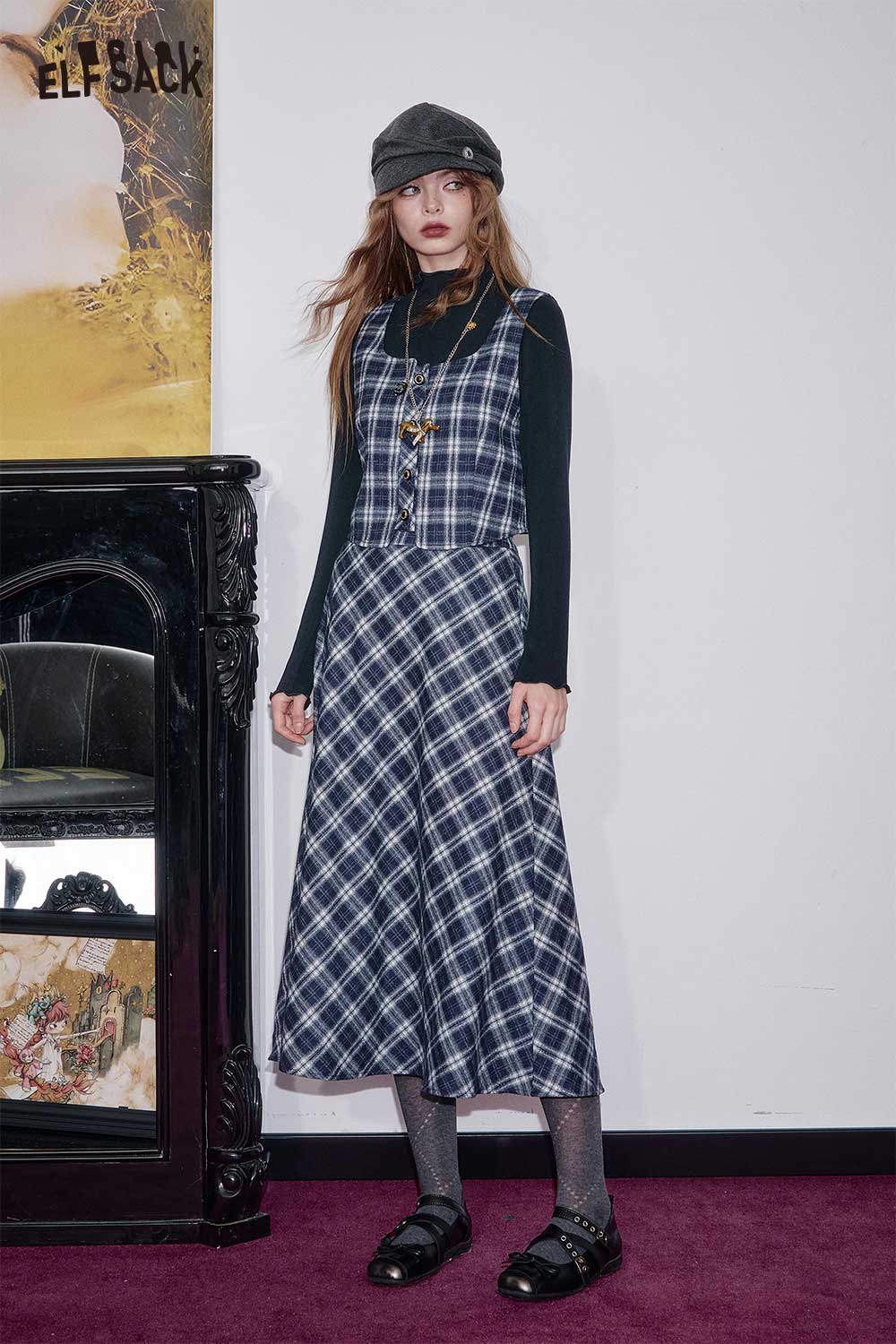 ELFSACK Breathable Cotton Blend Plaid 3-Piece Set A-Line Skirt