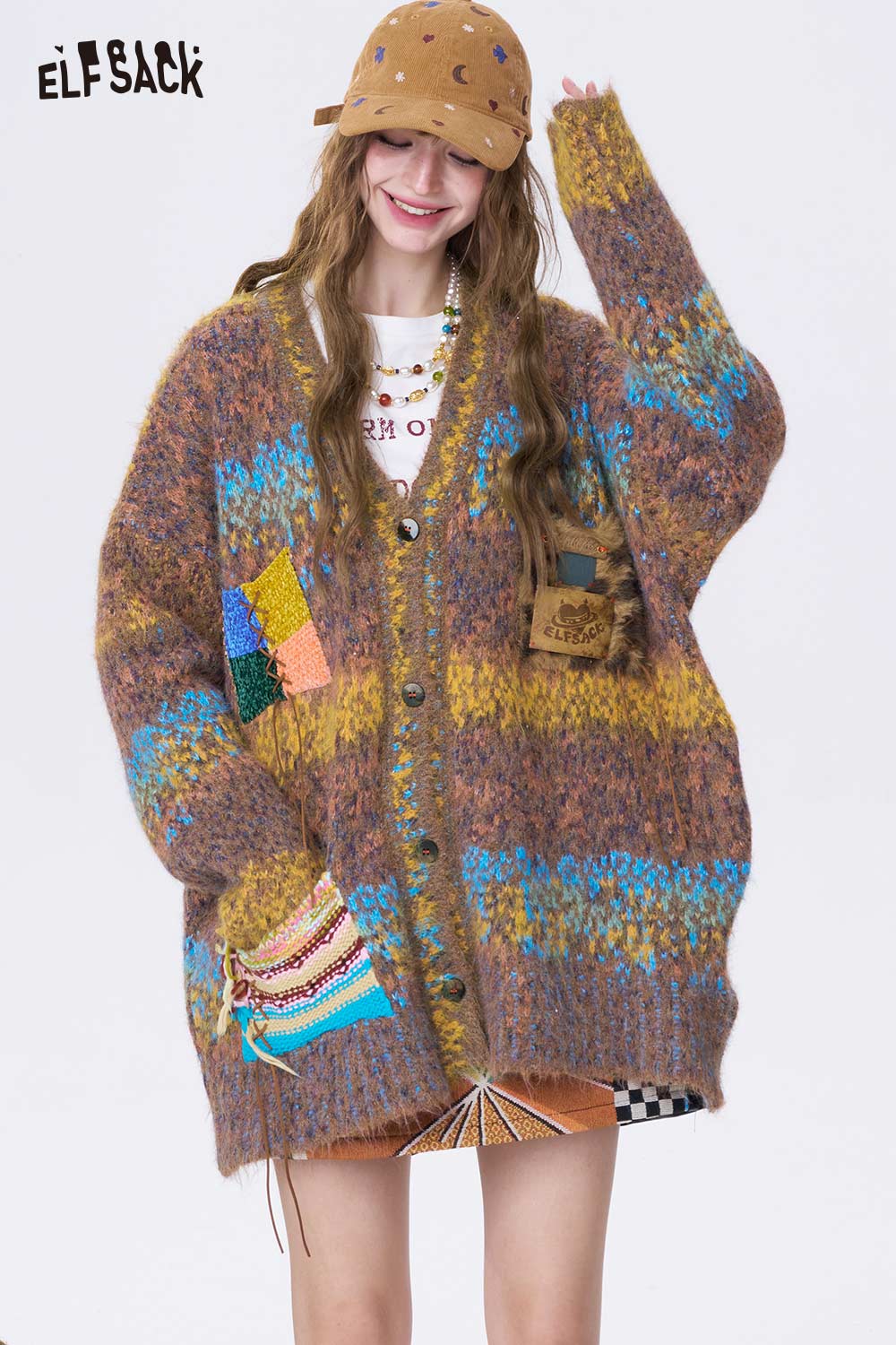 ELFSACK Casual Loose Bright Color V Neck Knit Long Sleeve Sweater