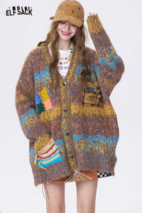 ELFSACK Casual Loose Bright Color V Neck Knit Long Sleeve Sweater