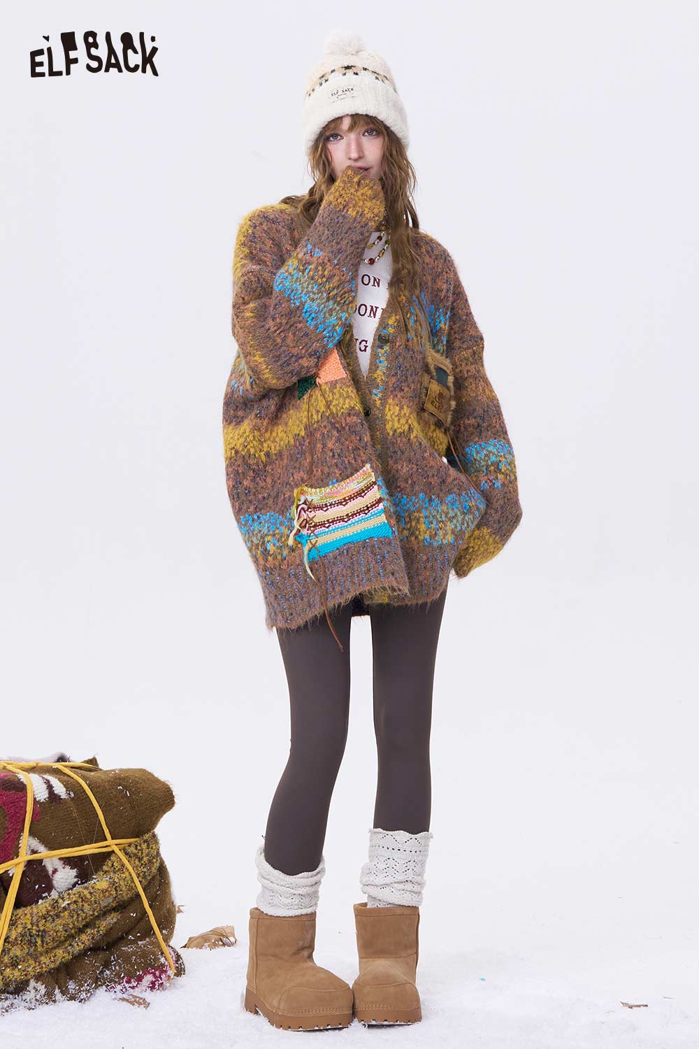 ELFSACK Casual Loose Bright Color V Neck Knit Long Sleeve Sweater
