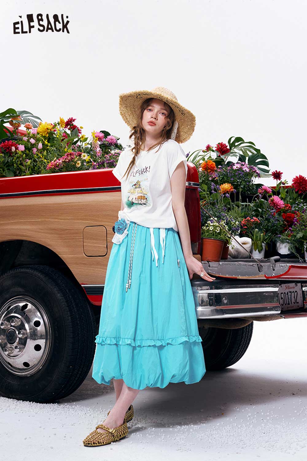 ELFSACK Bubble Hem Ruffle Drawstring Woven Skirt