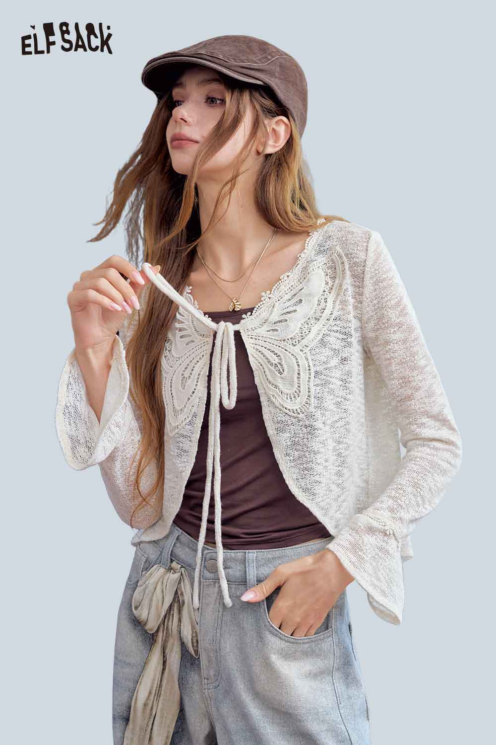 ELFSACK Butterfly Embroidery Lace Crop Blouse