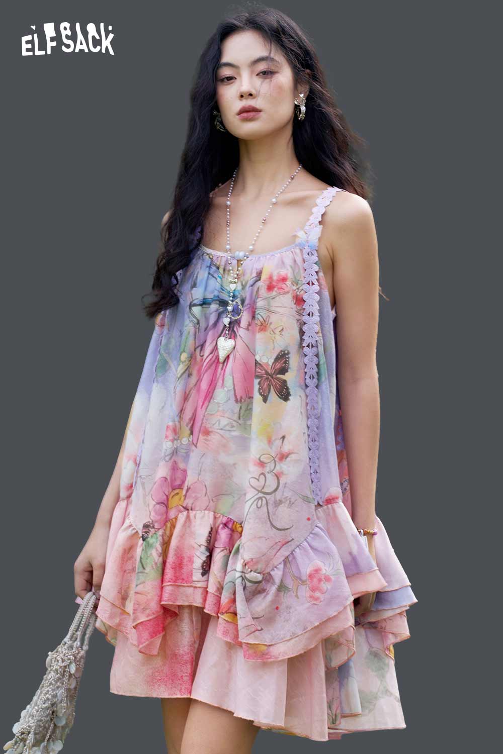 ELFSACK Butterfly Lace Ruffle Slip Dress