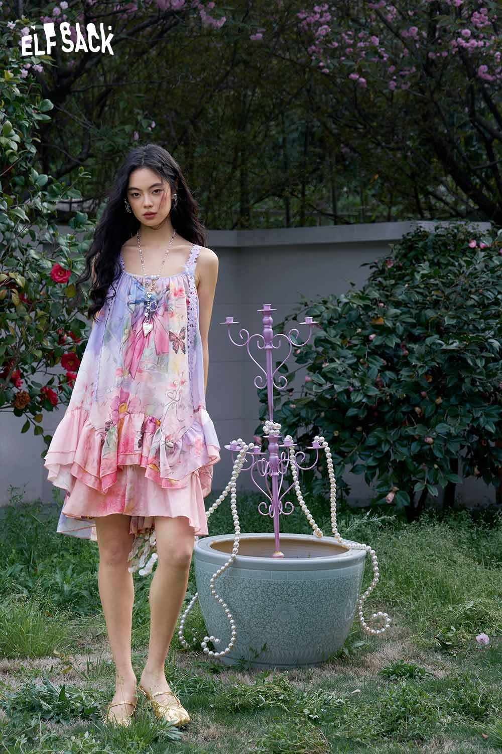 ELFSACK Butterfly Lace Ruffle Slip Dress