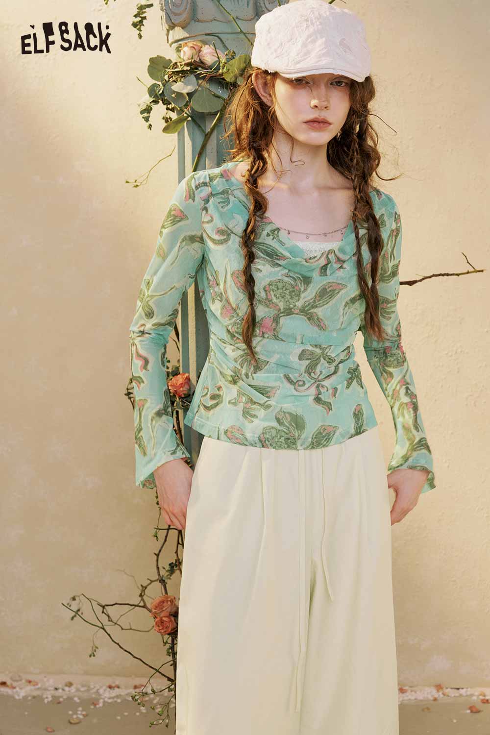 ELFSACK Butterfly Print Cowl Neck Long Sleeve Top