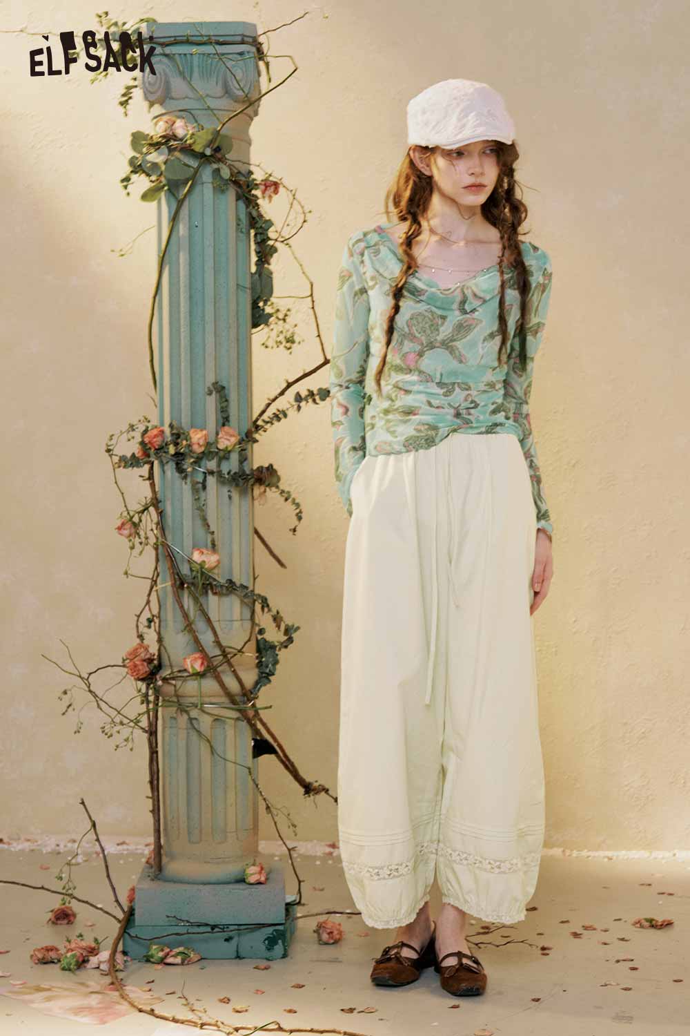 ELFSACK Butterfly Print Cowl Neck Long Sleeve Top
