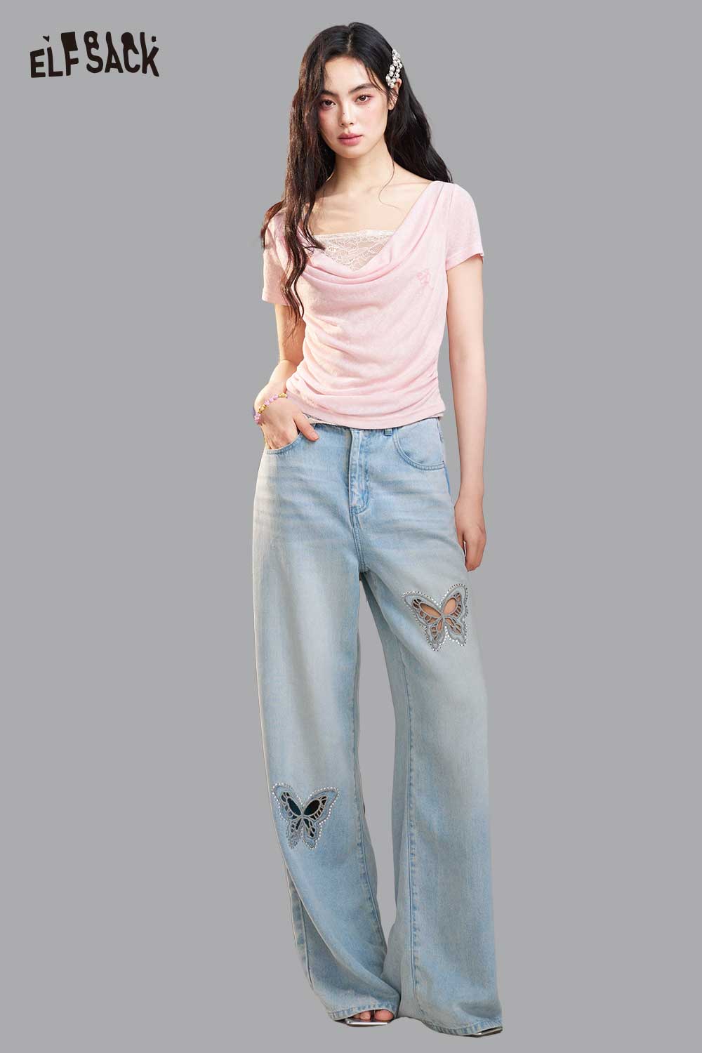 ELFSACK Butterfly Print Wide Leg Light Wash Jeans