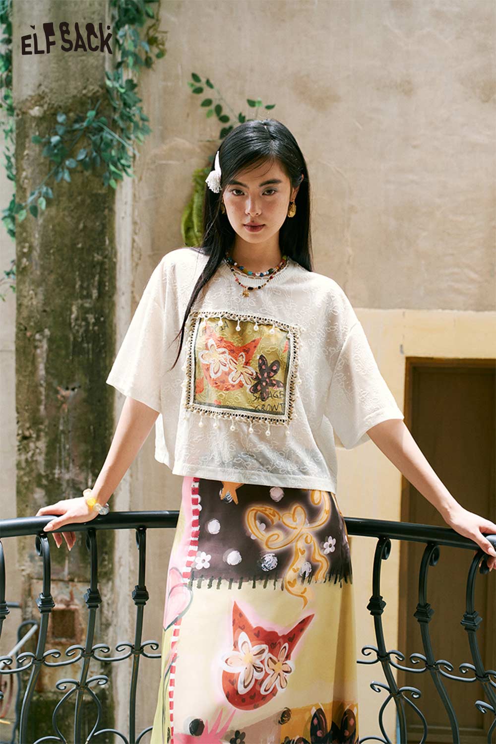 ELFSACK Cartoon Cat Print Regular Tee