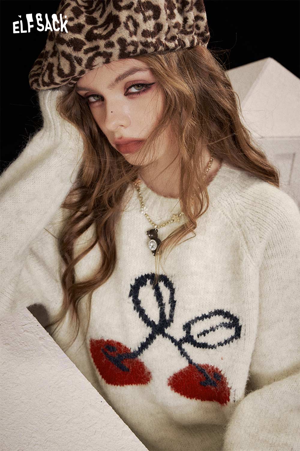 ELFSACK Soft Knit Cartoon Cherry Print Round Neck Sweater