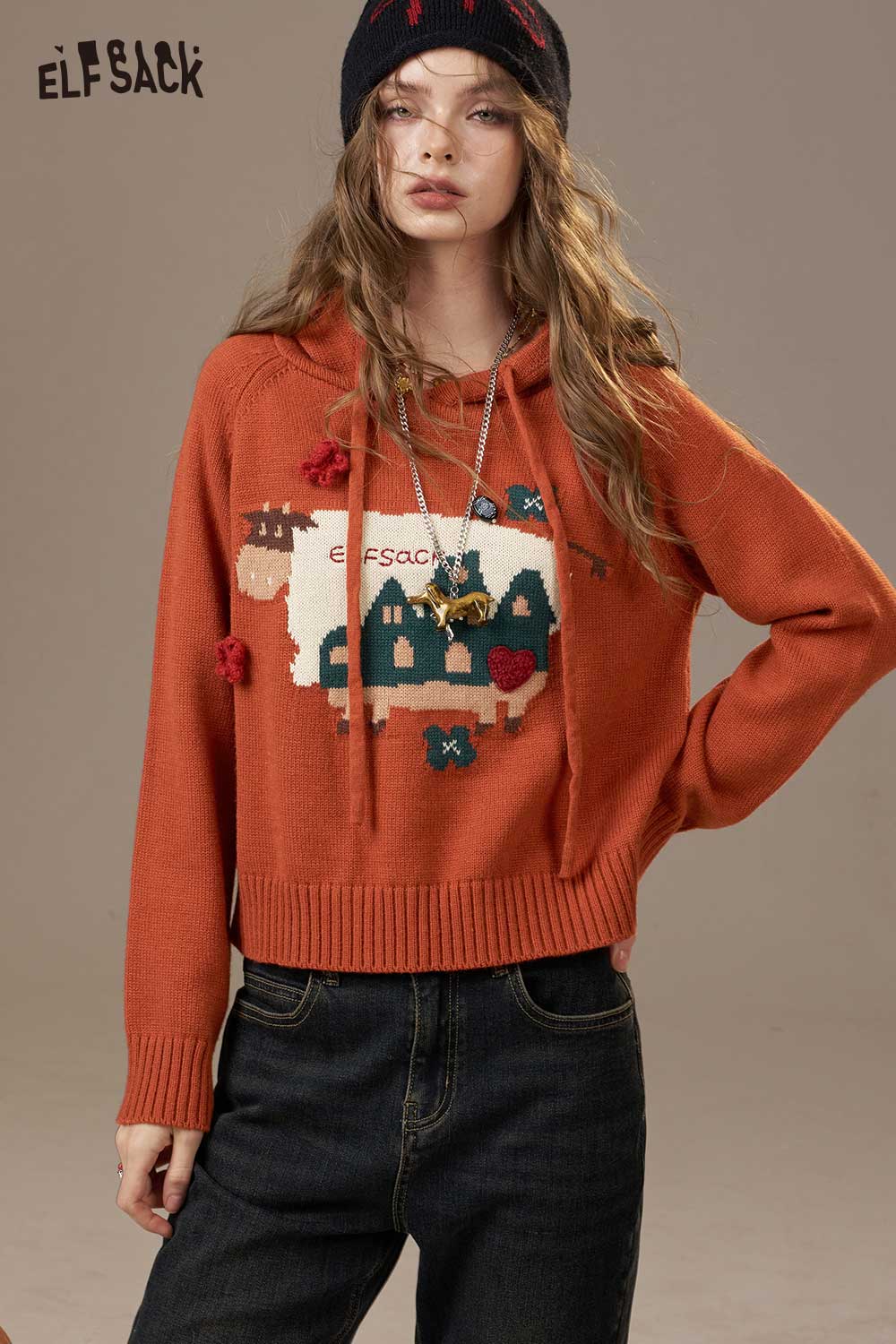 ELFSACK Soft Knit Cartoon Cow Print Design Hooded Sweater