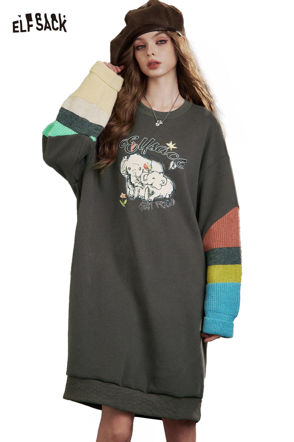 ELFSACK Soft Fleece Color Block Panel Cartoon Elephant Print Hoodie Dress