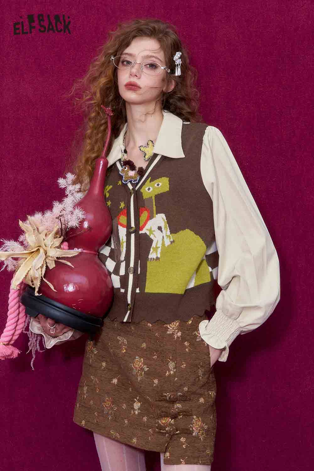ELFSACK Casual V Neck Puff Sleeve Cartoon Graphic Knit Cardigan
