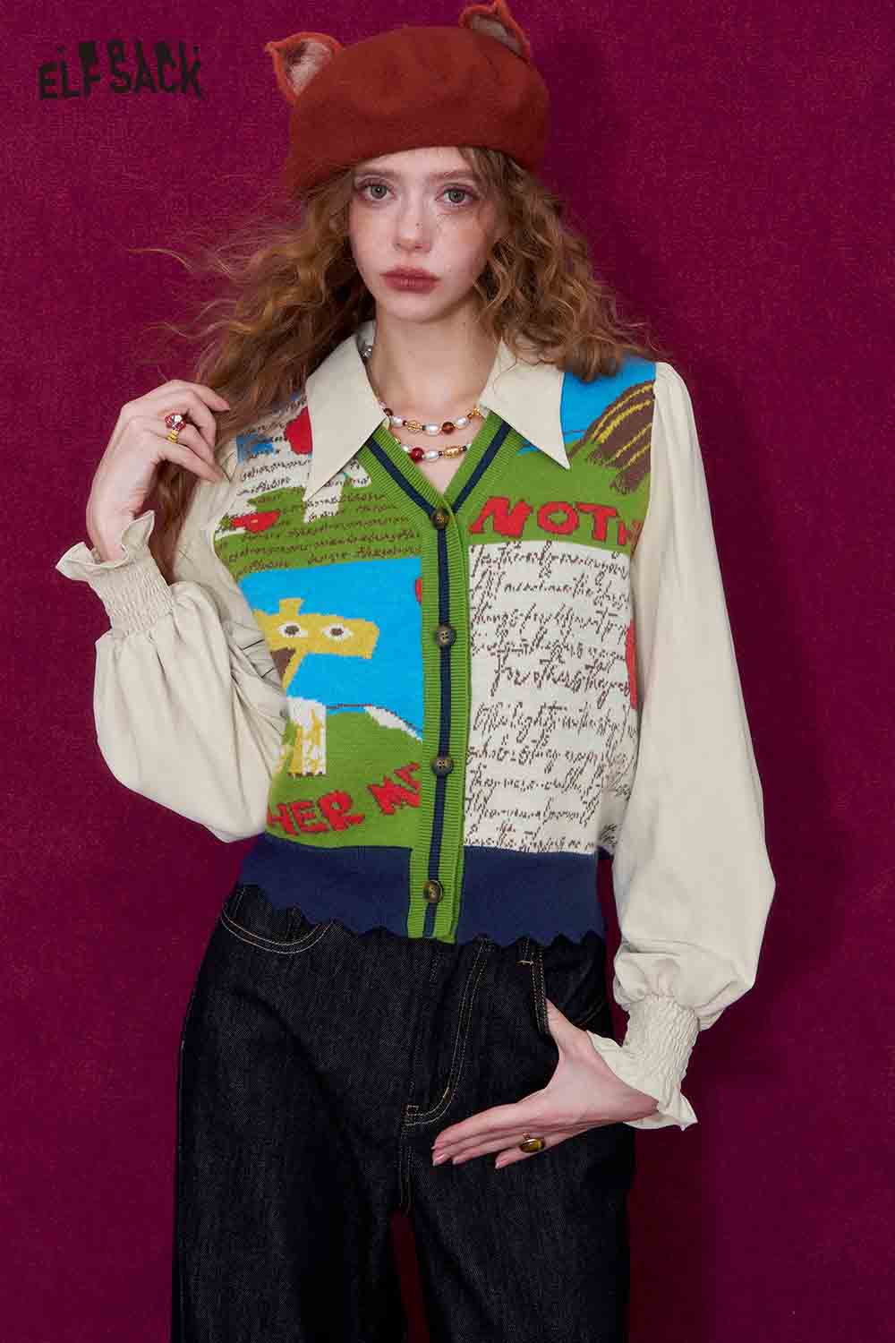 ELFSACK Casual V Neck Puff Sleeve Cartoon Graphic Knit Cardigan