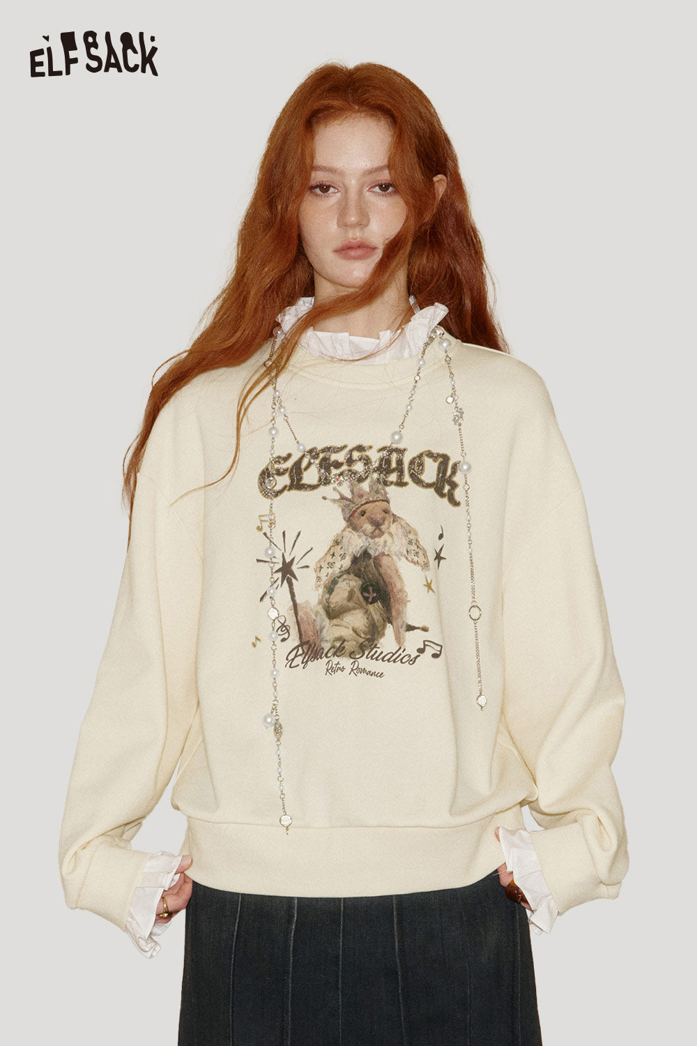 ELFSACK Cotton Blend Layered Sweatshirt Ruffle Trim Cartoon Graphic Drop Shoulder