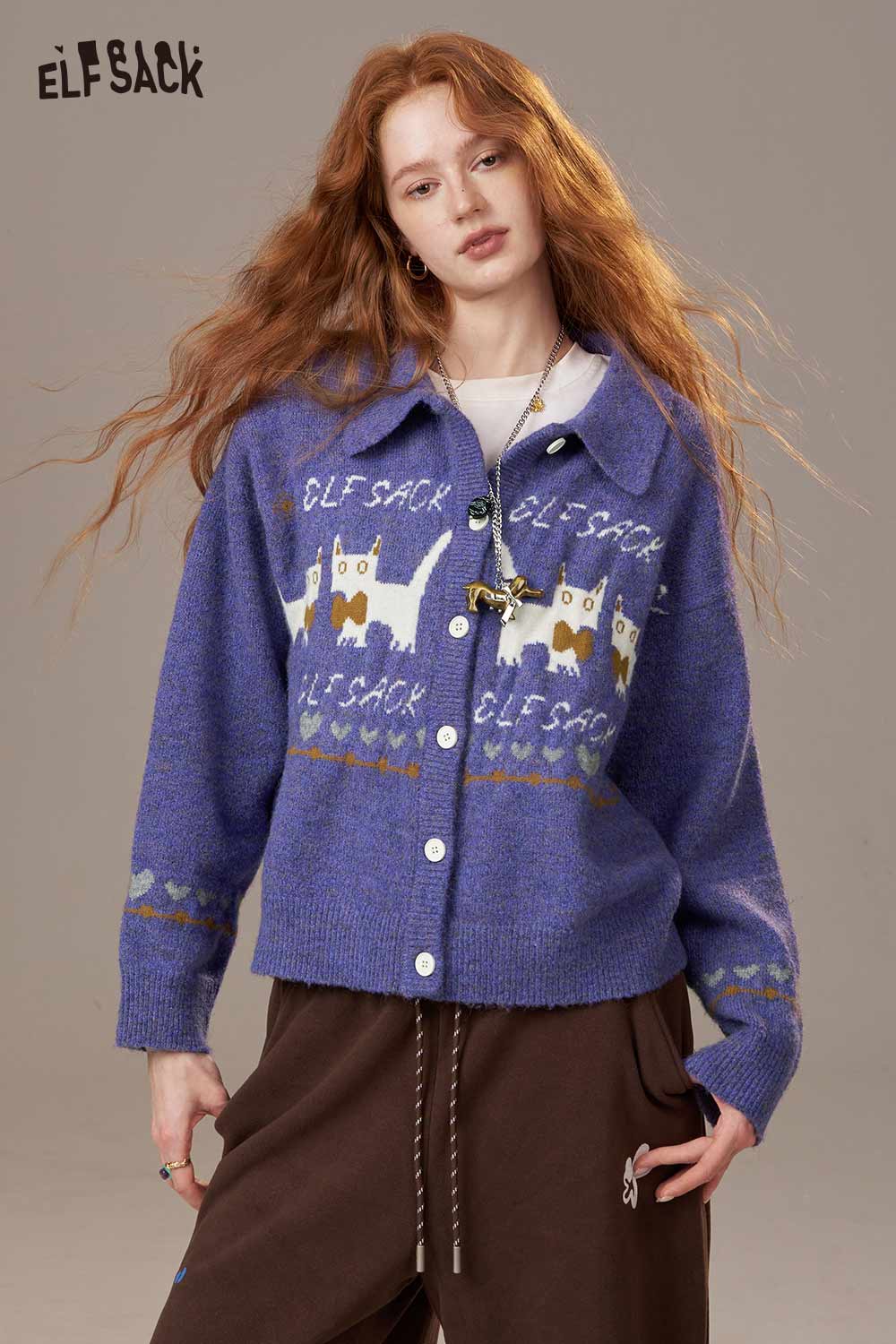 ELFSACK Soft Cartoon Kitten Print Design Knit Cardigan