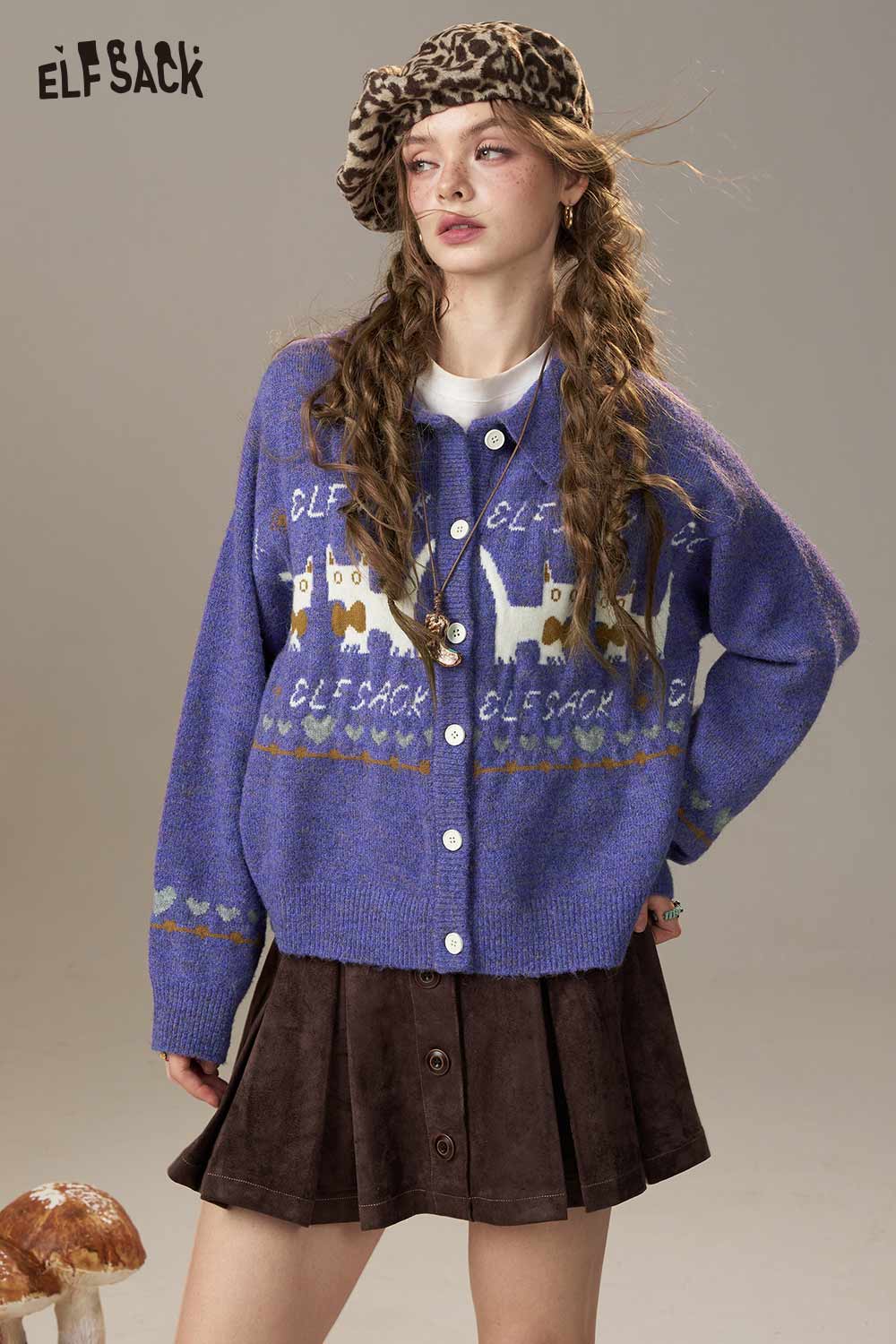 ELFSACK Soft Cartoon Kitten Print Design Knit Cardigan