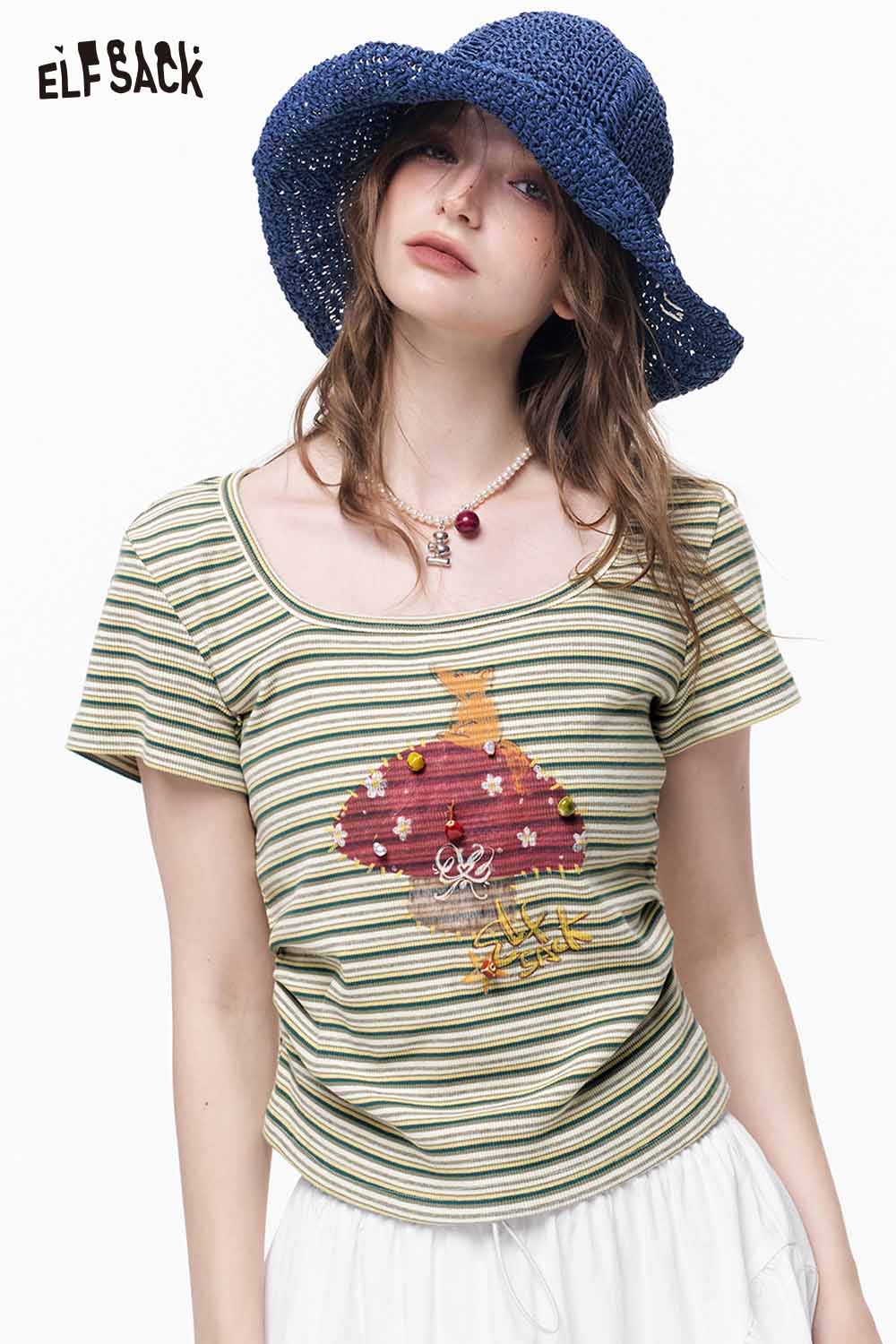 ELFSACK Cartoon Mushroom Striped Knit Top