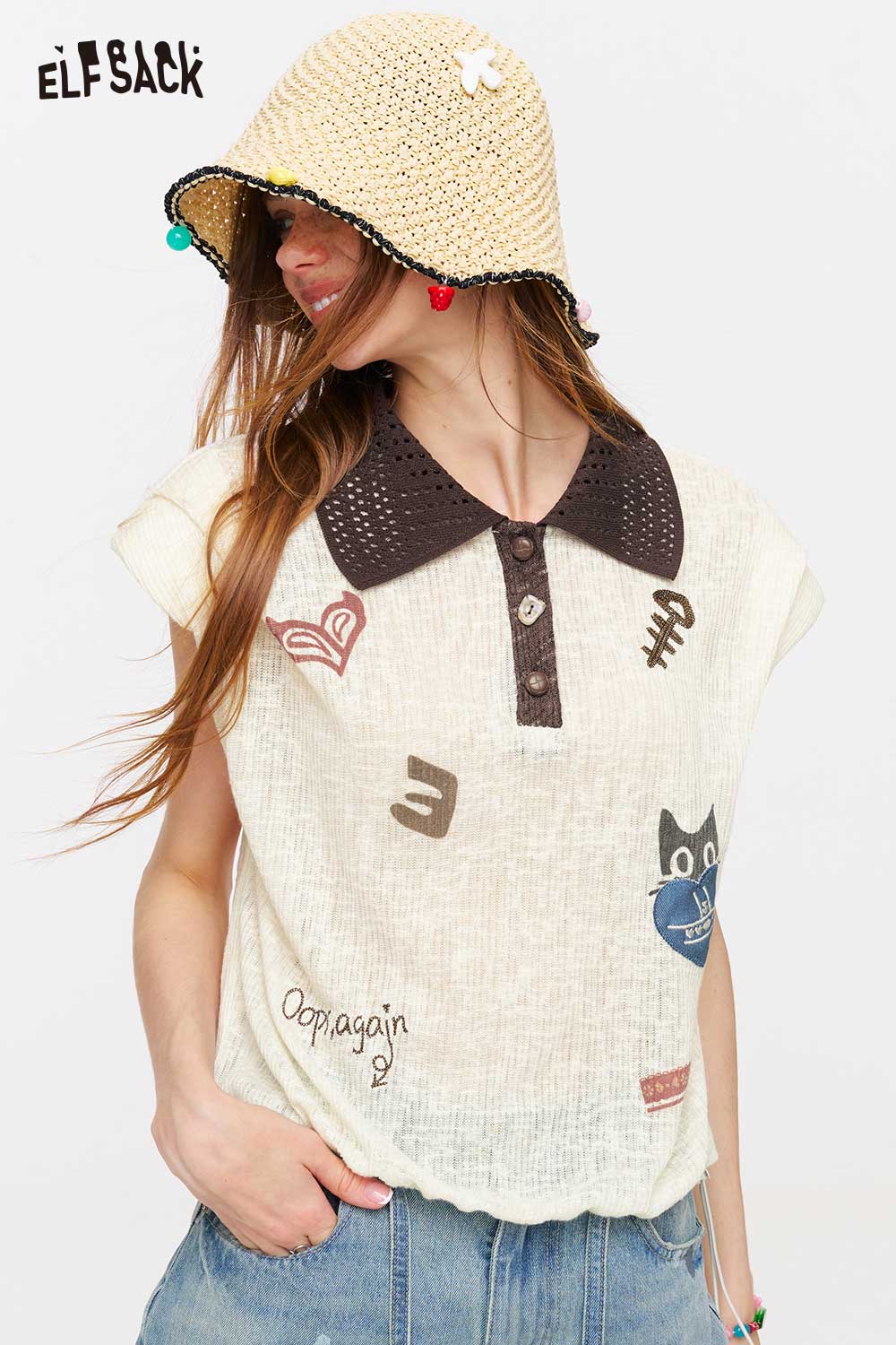 ELFSACK Cartoon Print Knit Polo Tank