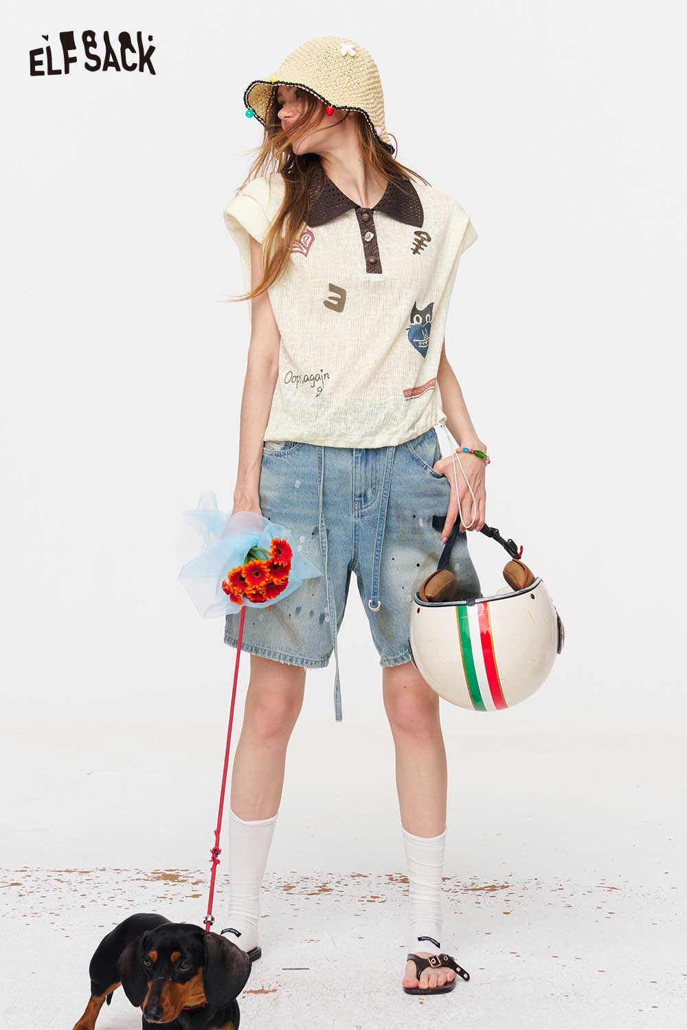 ELFSACK Cartoon Print Knit Polo Tank