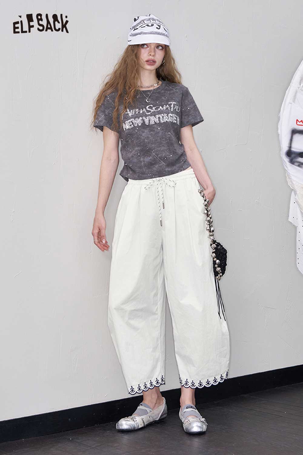 ELFSACK Casual Balloon Pants with Embroidered Hem