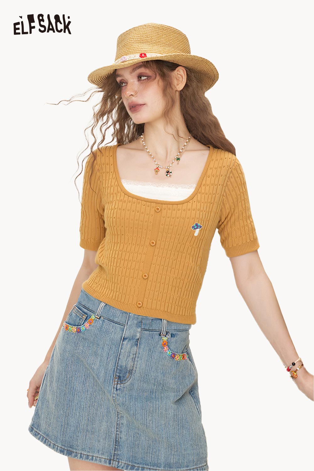 ELFSACK Casual Classic Solid Embroidered Short Sleeve Knitwear