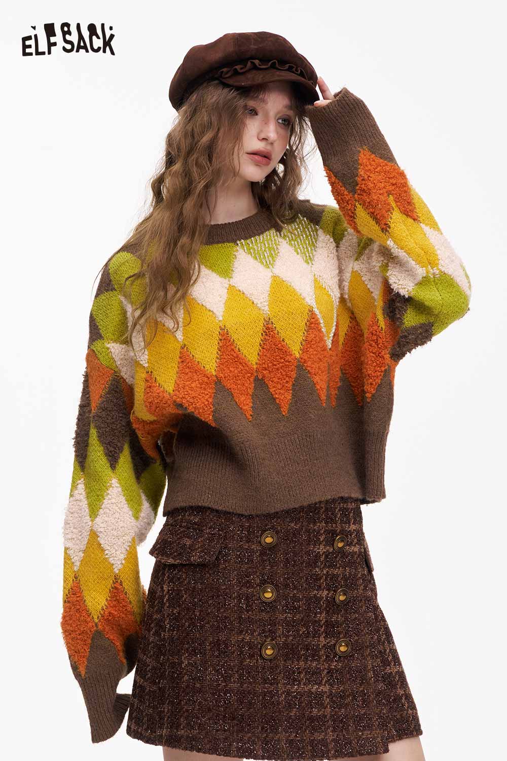 ELFSACK Casual Loose Cropped Color Diamond Pattern Sweater
