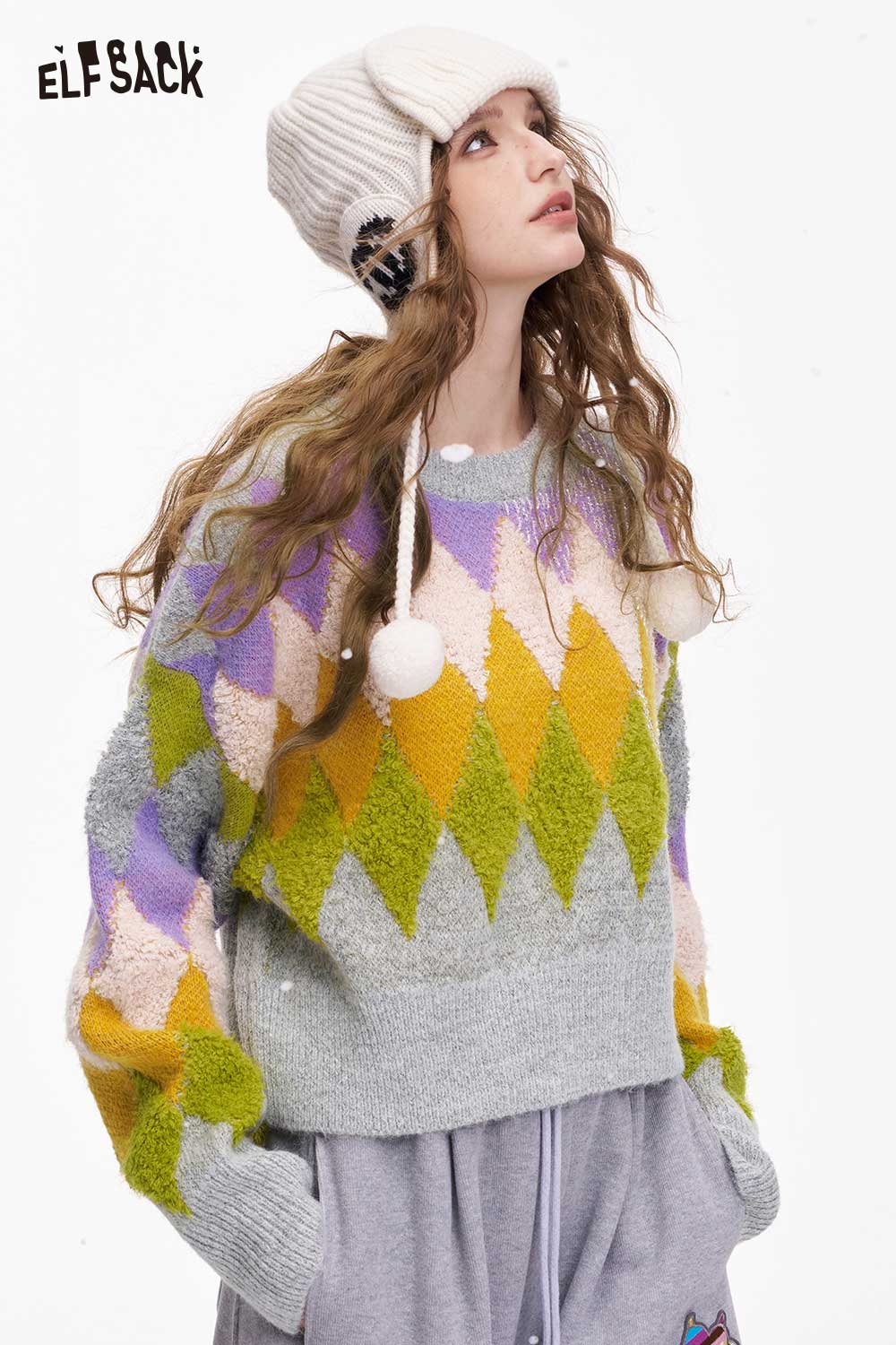 ELFSACK Casual Loose Cropped Color Diamond Pattern Sweater