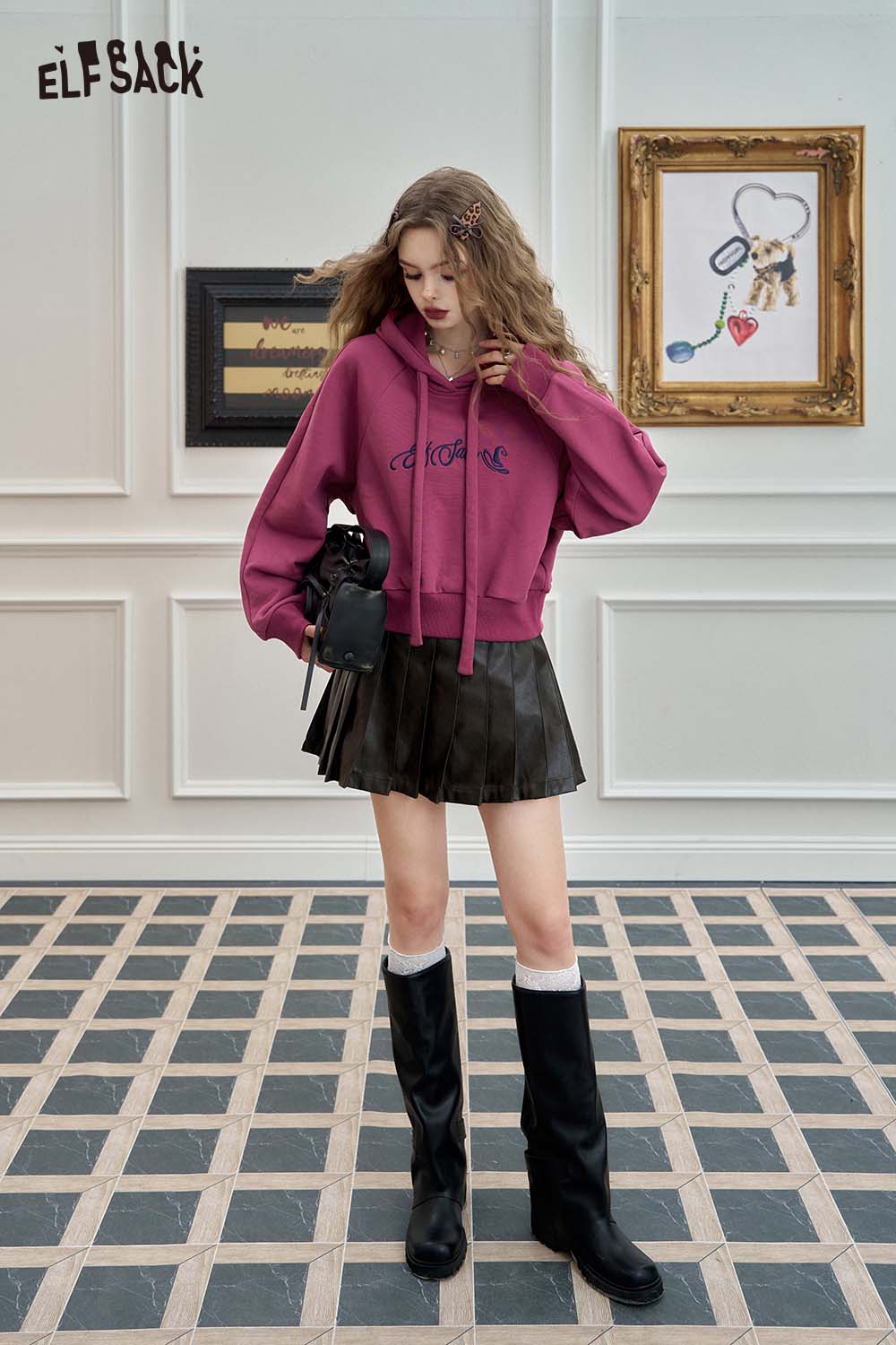 ELFSACK Casual Letter Graphic Solid Hooded Sweatshirt