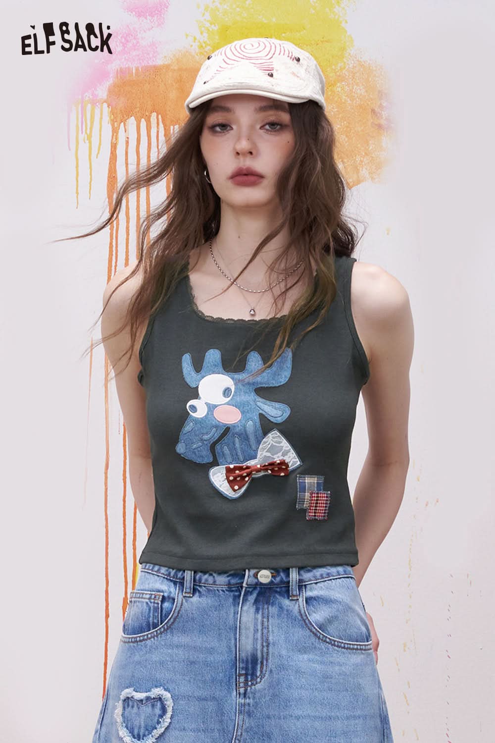 ELFSACK Casual Sleeveless Tank Top with Fawn Patch Embroidery