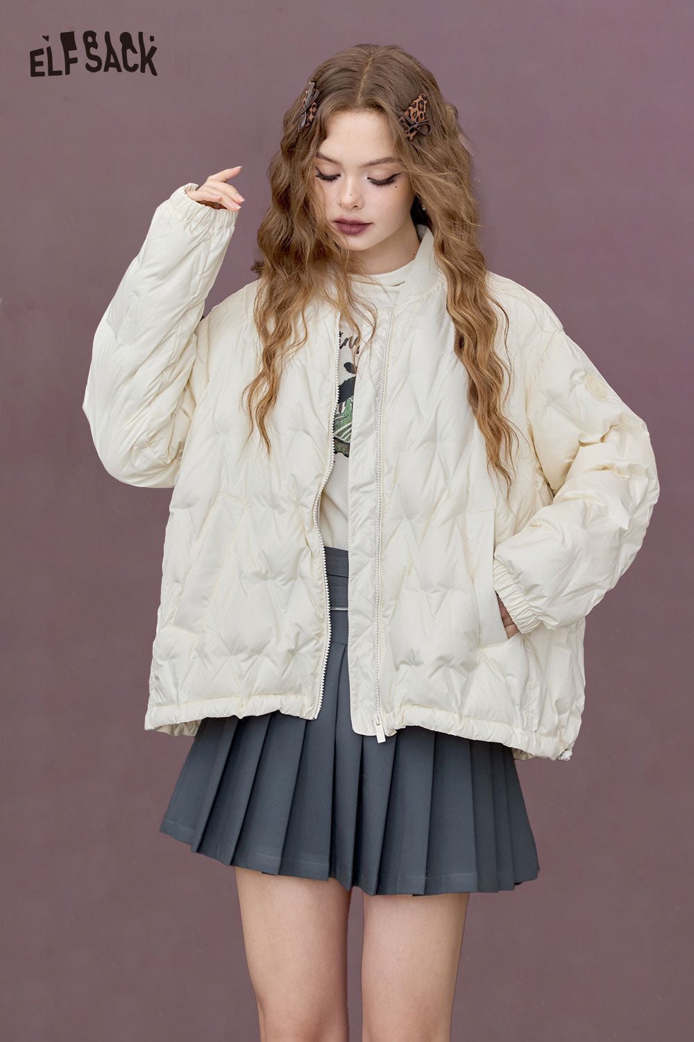 ELFSACK Casual Slimming Loose Diamond Quilted Lightweight Short Down Jacket