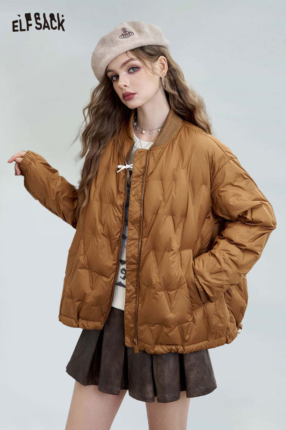 ELFSACK Casual Slimming Loose Diamond Quilted Lightweight Short Down Jacket