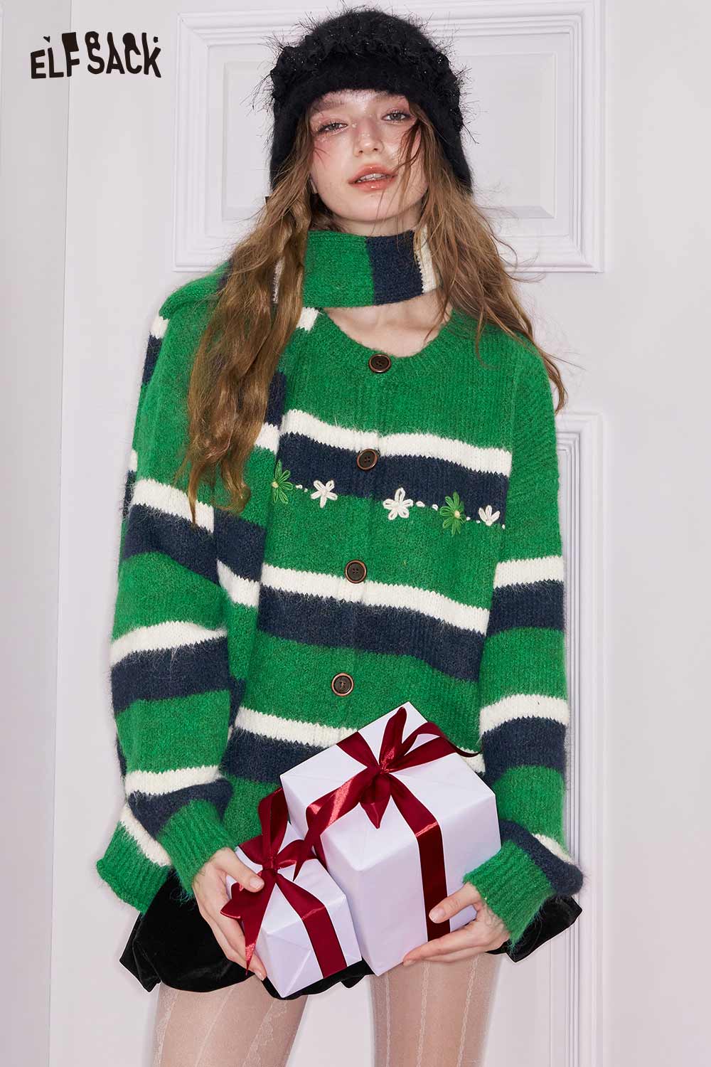 ELFSACK Minimalist Casual Loose Long Stripe Knit Cardigan