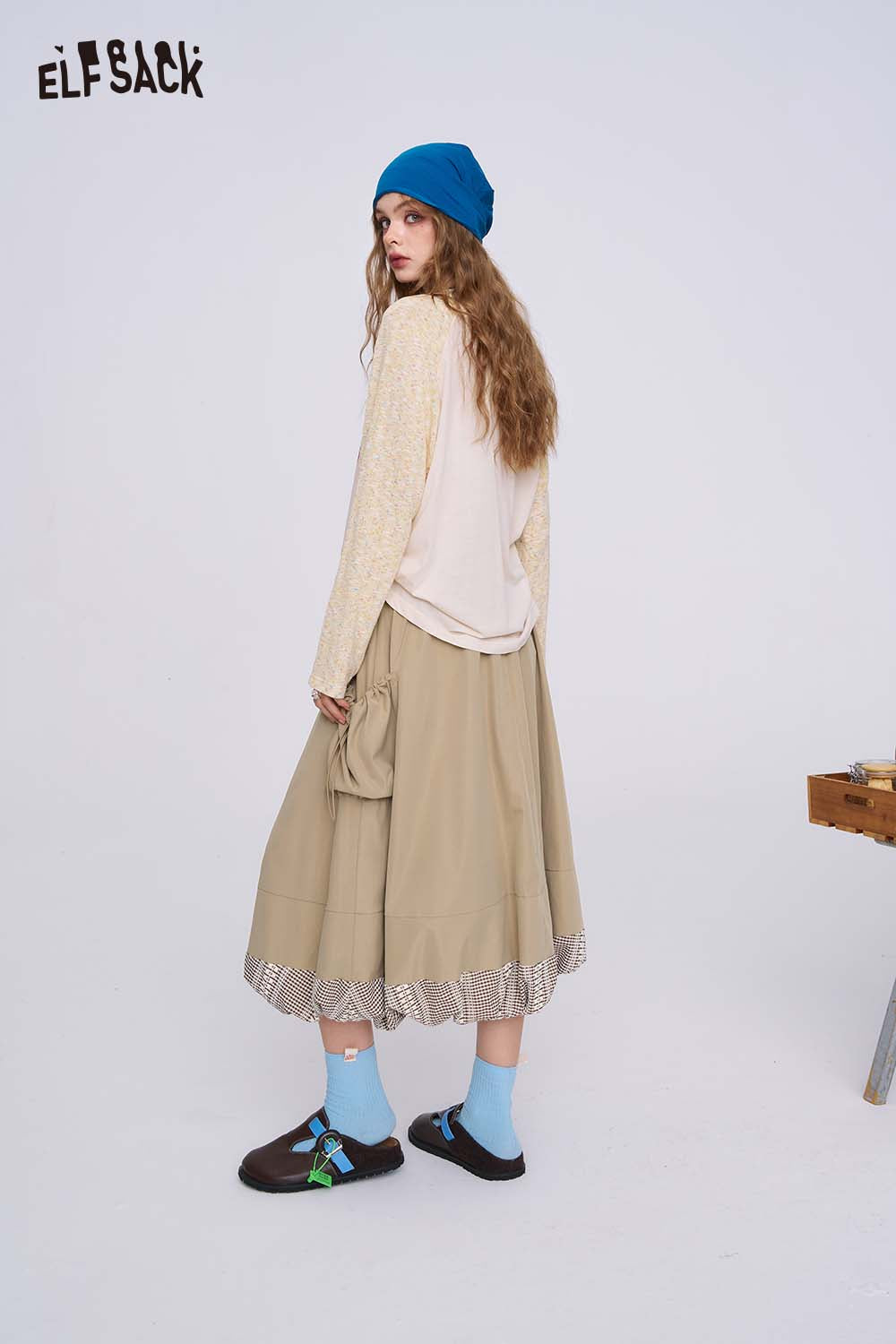 ELFSACK Casual Vintage Plaid Panel High Waist Blouson Skirt Midi Length