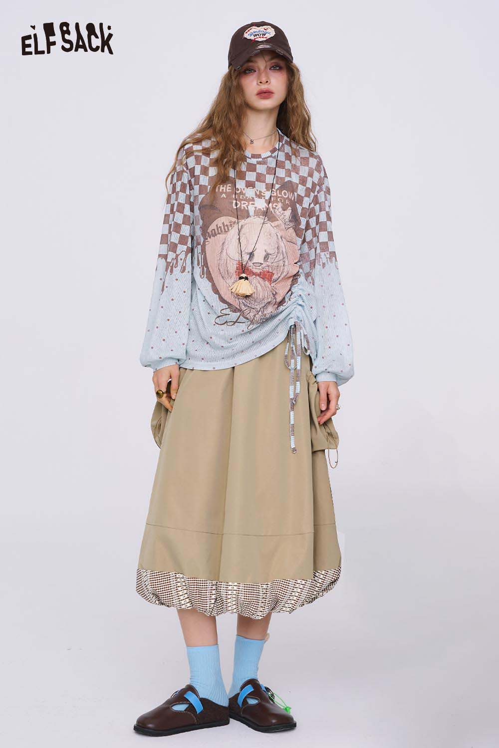 ELFSACK Casual Vintage Plaid Panel High Waist Blouson Skirt Midi Length