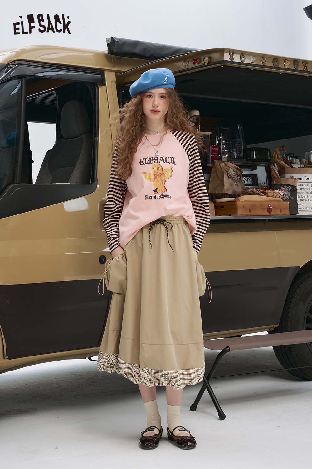 ELFSACK Casual Vintage Plaid Panel High Waist Blouson Skirt Midi Length