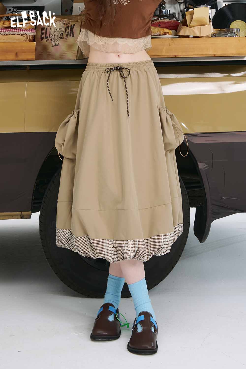 ELFSACK Casual Vintage Plaid Panel High Waist Blouson Skirt Midi Length