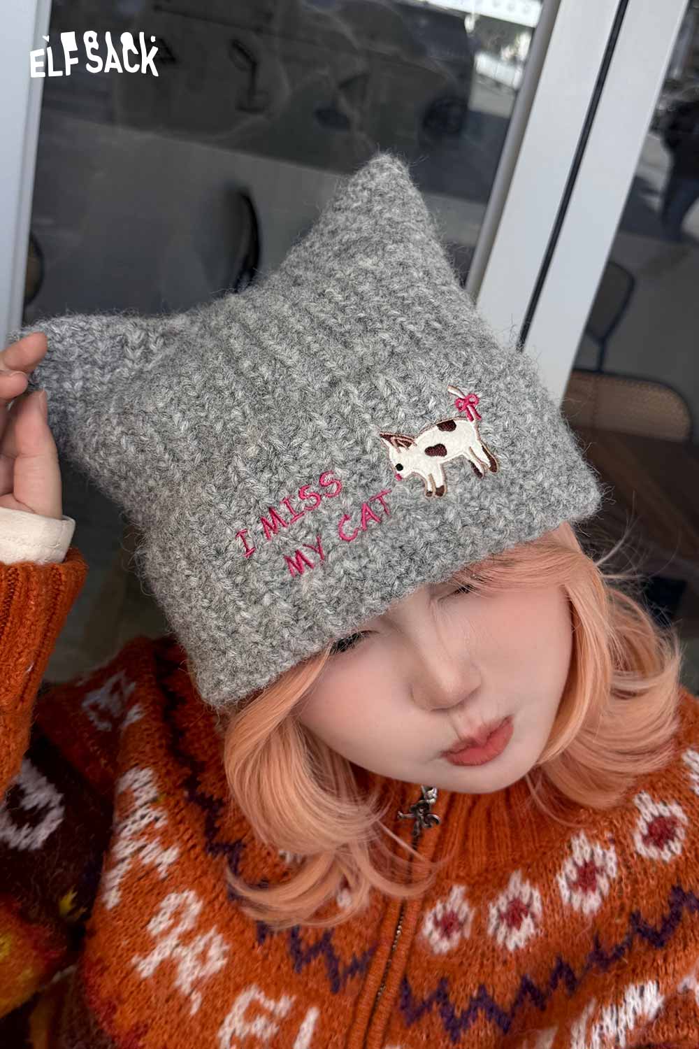 ELFSACK Cute Solid Kitten Embroidery Cat Ear Beanie