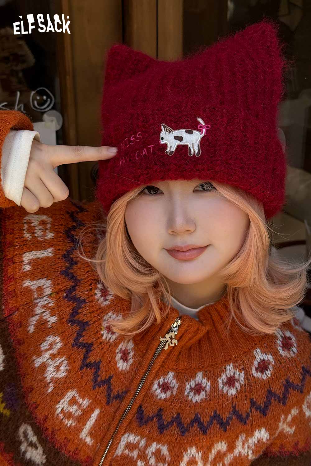 ELFSACK Cute Solid Kitten Embroidery Cat Ear Beanie