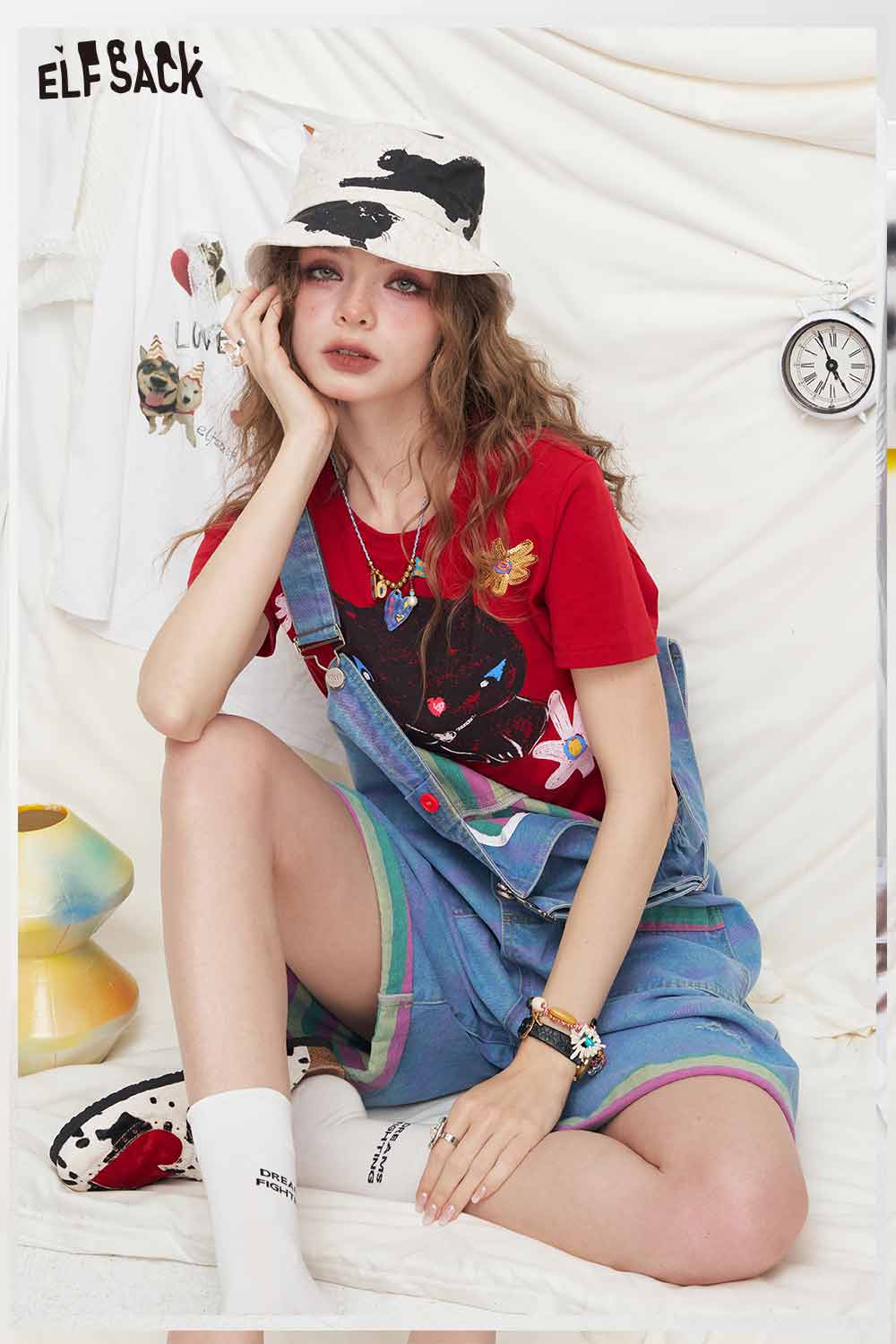ELFSACK Cat Floral Graphic Crop Short Sleeve Tee