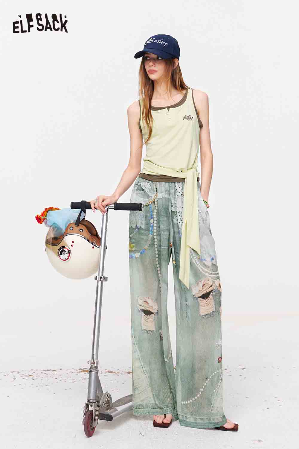 ELFSACK Cat Print High Waist Wide Leg Pants