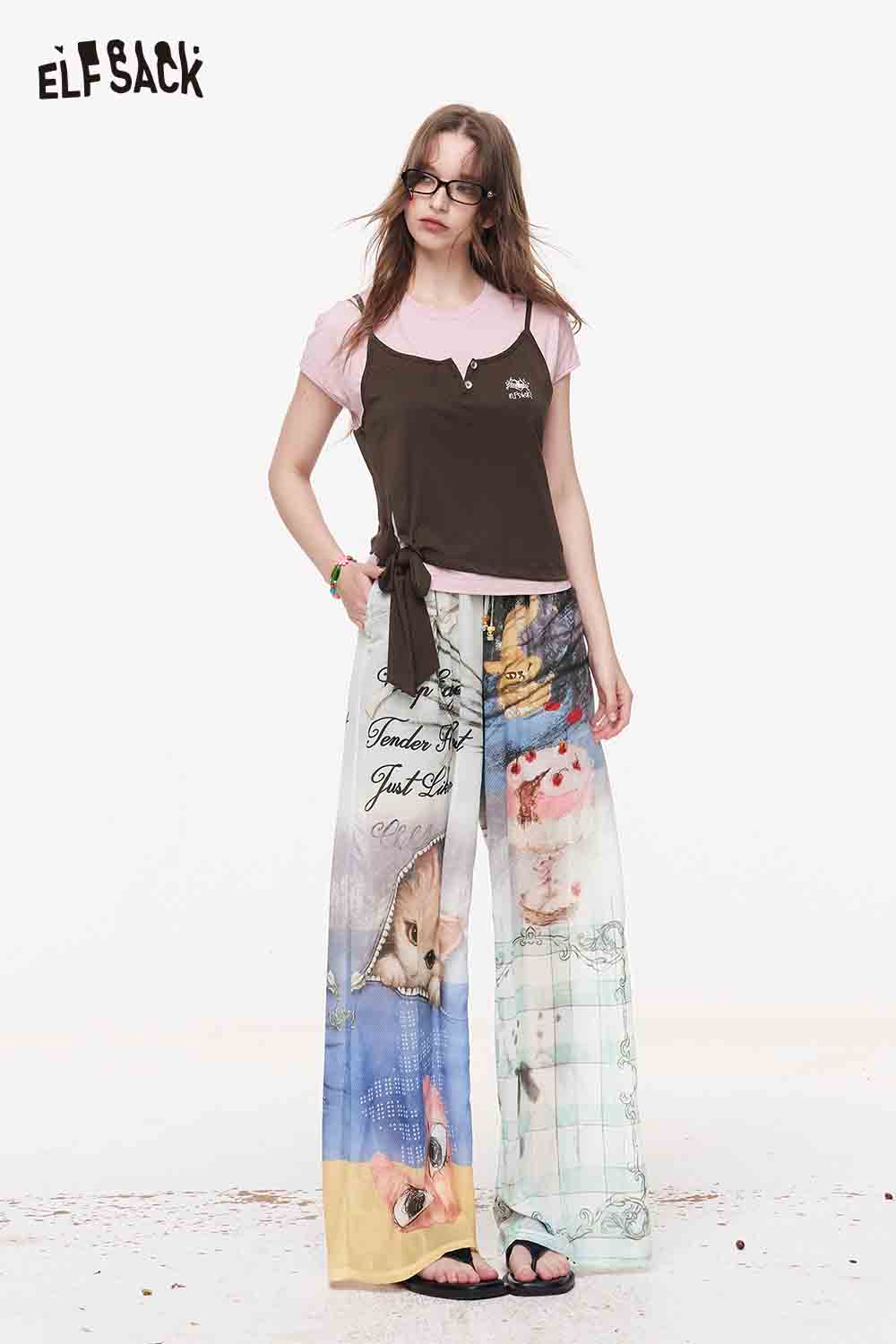 ELFSACK Cat Print High Waist Wide Leg Pants