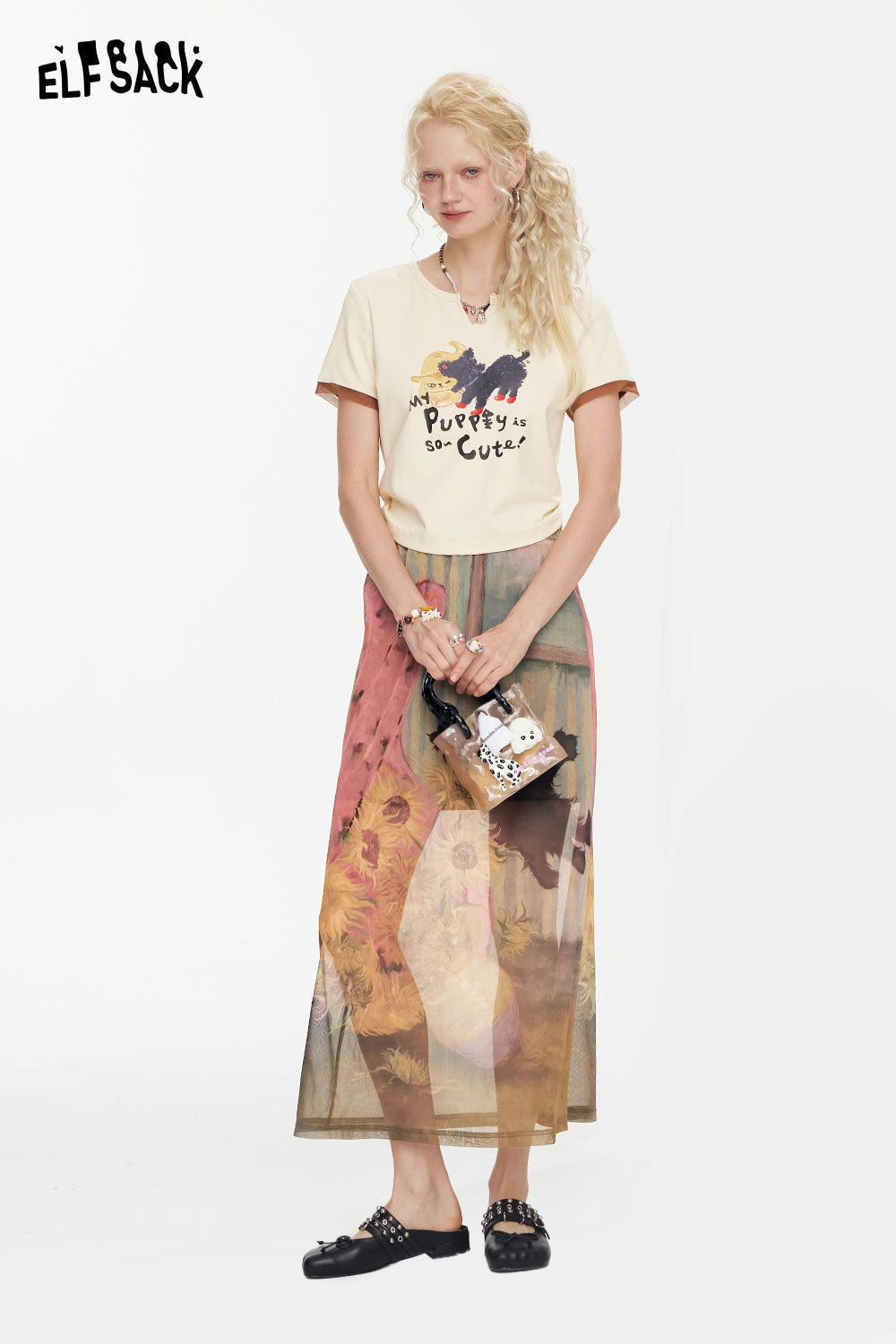 ELFSACK Cat Print Mesh Design A-Line High-Waist Skirt
