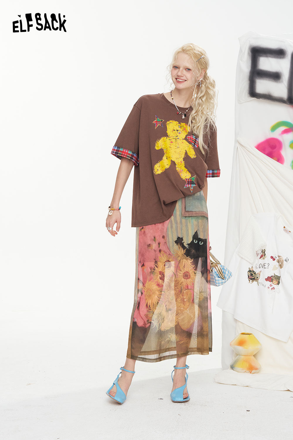 ELFSACK Cat Print Mesh Design A-Line High-Waist Skirt