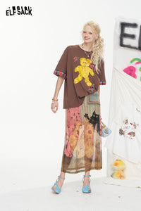 ELFSACK Cat Print Mesh Design A-Line High-Waist Skirt