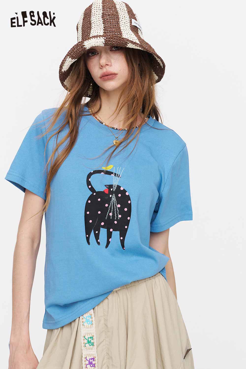 ELFSACK Cat Print Round Neck Short Sleeve T-Shirt