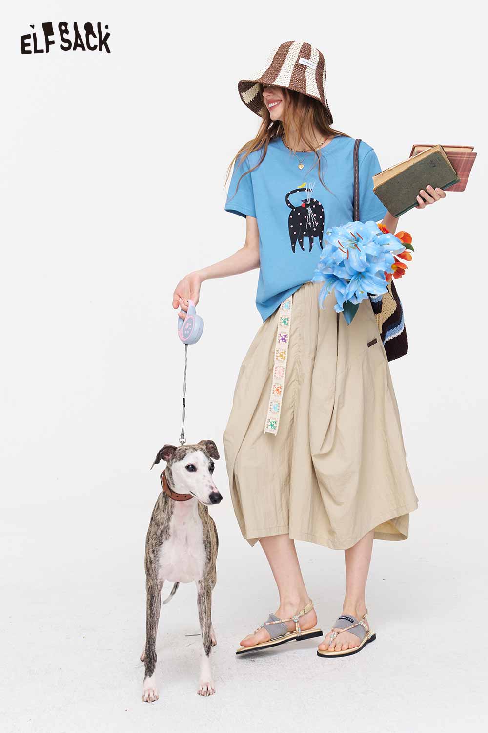 ELFSACK Cat Print Round Neck Short Sleeve T-Shirt