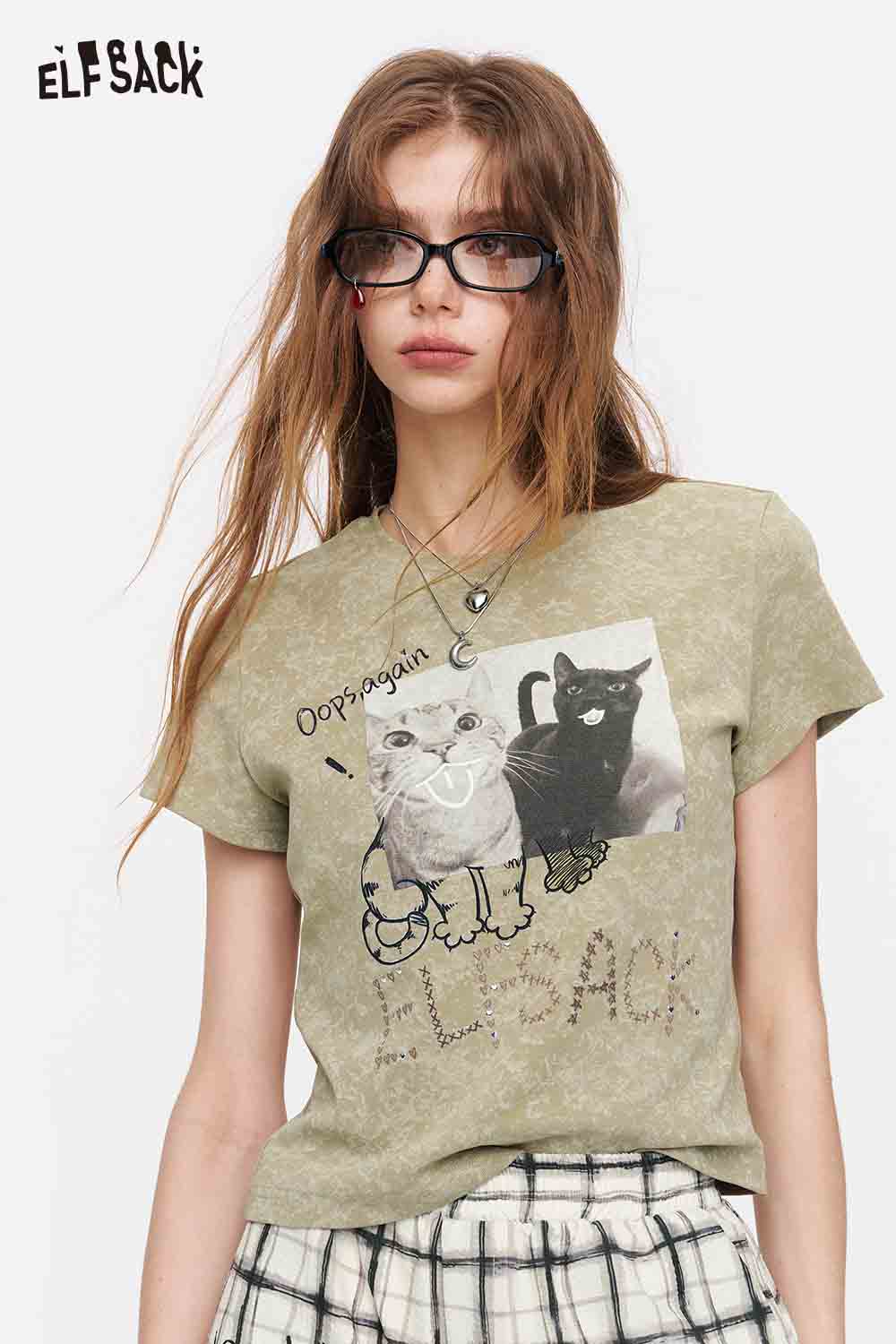 ELFSACK Cat Print Tie-Dye Ribbed Cropped T-Shirt