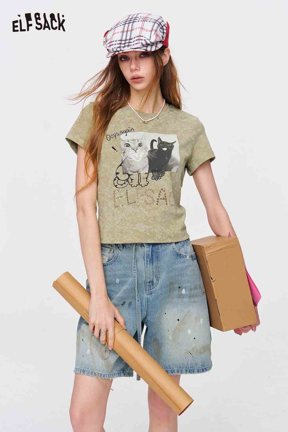 ELFSACK Cat Print Tie-Dye Ribbed Cropped T-Shirt